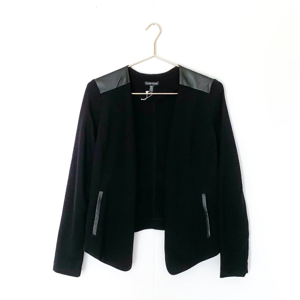 EILEEN FISHER black leather trim ponte jacket s